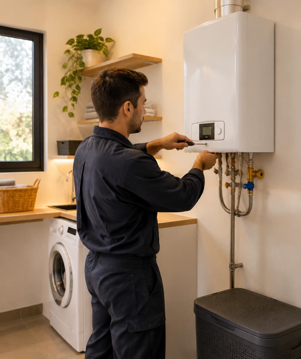 Técnico realizando manutenção em aquecedor a gás